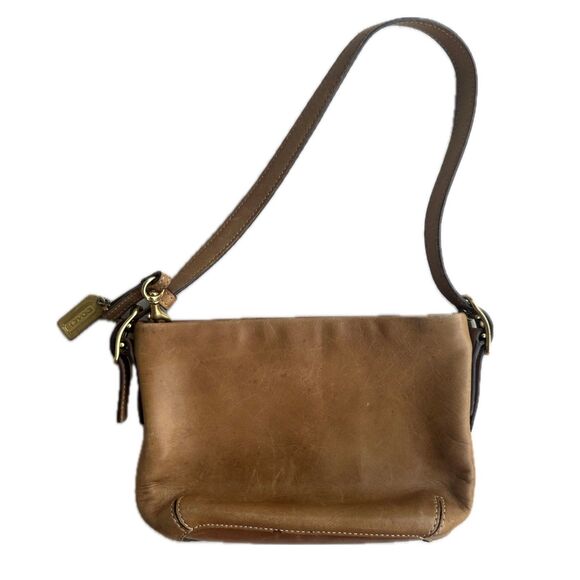 Vintage Y2K Coach 9844 Cognac Leather Brass Tag Mini Hobo Demi Baguette Bag - Picture 1 of 8